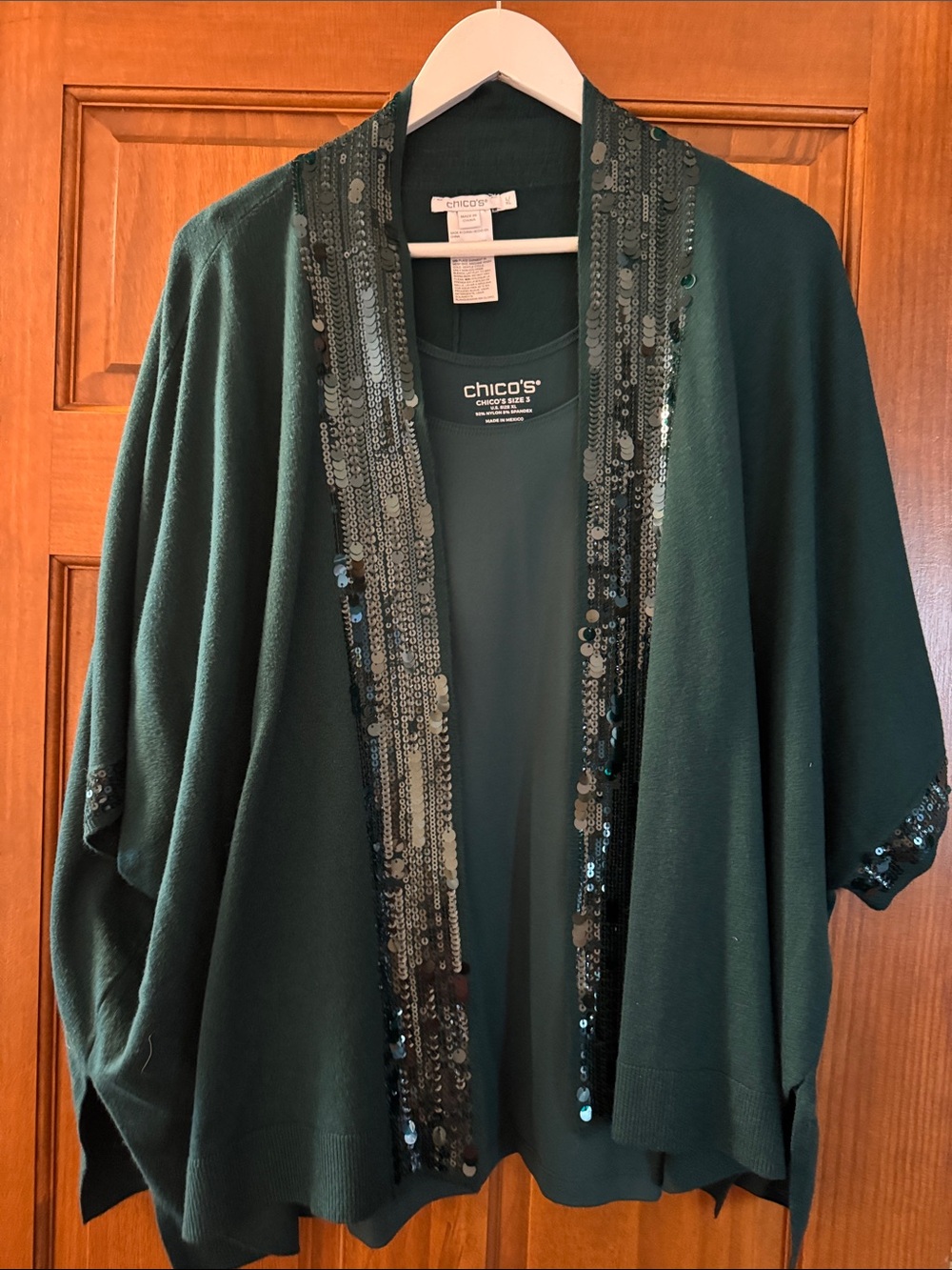 Chico's Dark Green Sequin-Trim Open Cardigan with matching camisole